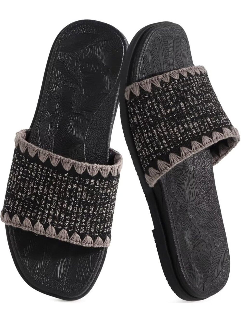 Women’s Black Flat Slides Sandals Soft Knitted with Golden Thread Walking
